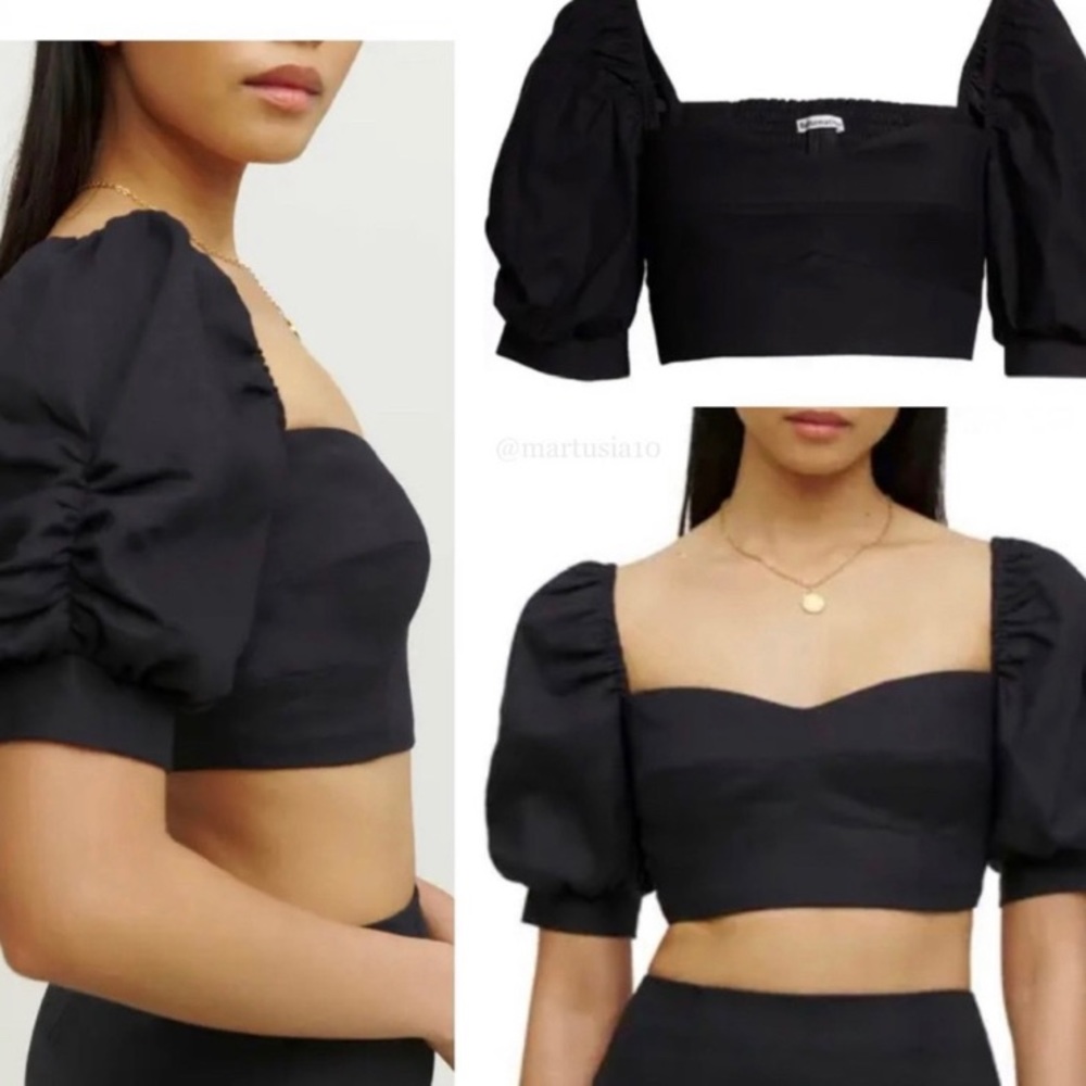 Reformation Sunnie Black Sweetheart Puff Sleeve Crop Top 4